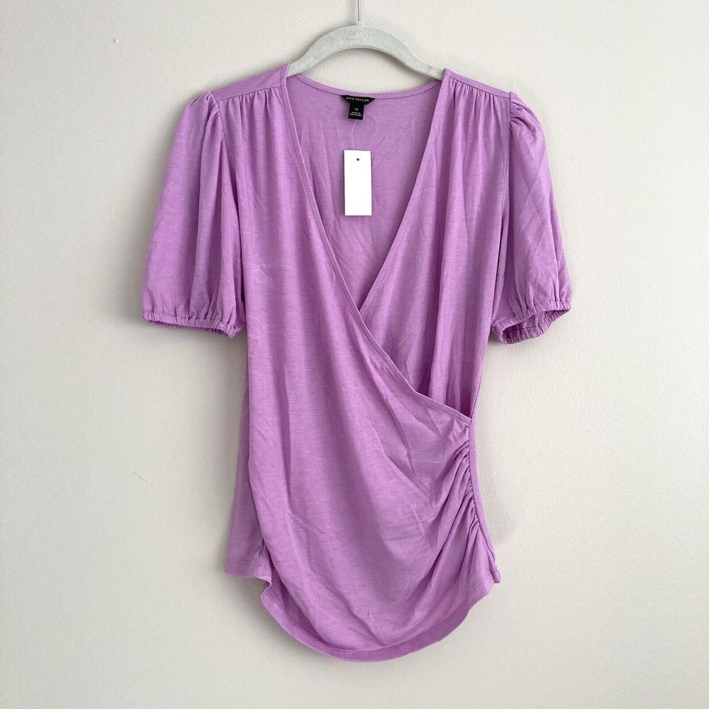 Ann Taylor Womens Faux Wrap Short Sleeve Top Size XS Lilac Ruched Side
